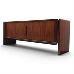 Dyrlund - contemporary Santos rosewood office sideboard of minimalist form with clean lines, rectangular top with integrated side supports, left side with two drawers, and right side with a filing drawer, all enclosed by tambour sliding doors