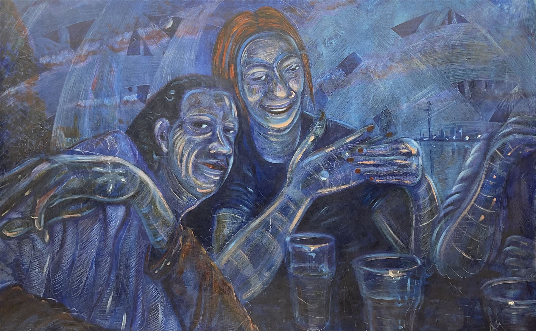Martin Jones (British Contemporary): Blue Ladies, oil on canvas unsigned 86cm x 139cm