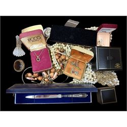 Silver handled letter opener, hallmarked 9ct gold faux pearl drop earrings, and a collecti...