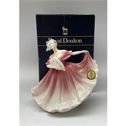 Royal Doulton figure 'Elaine' in pink with original box, together with an Art Deco EPNS hot water pot with ebonised handle (2)