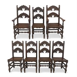 Early 20th century set of seven Jacobean Revival oak chairs, comprising pair of cavers and...