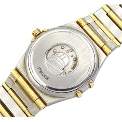 Omega constellation ladies gold and stainless steel quartz bracelet wristwatch, serial No. 57840568, mother of pearl and diamond dot dial boxed