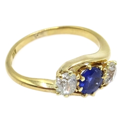  Three stone old cut diamond and sapphire ring stamped 18  