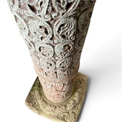 Weathered cast stone sundial, shaped top with metal dial, patterned column