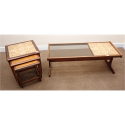  G-plan tiled and smoked glass top coffee table (W121cm, H45cm, D50cm) with  matching tiled top nest of tables (W50cm, H51cm, D50cm)  