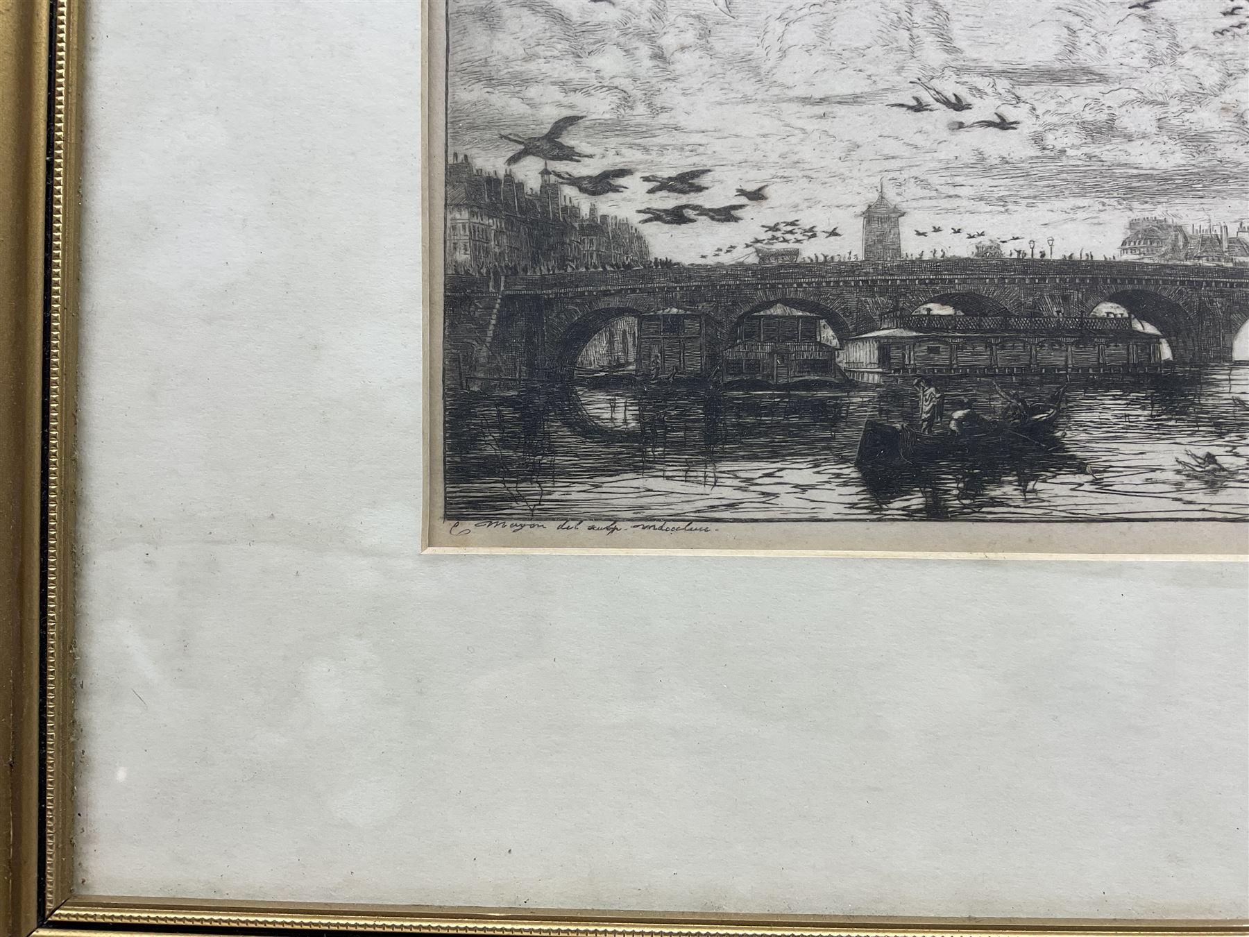 Charles Meryon (French 1821-1868): Le Pont-au-Change (The Exchange Bridge) - Paris, drypoint etching inscribed in the plate 14cm x 32cm