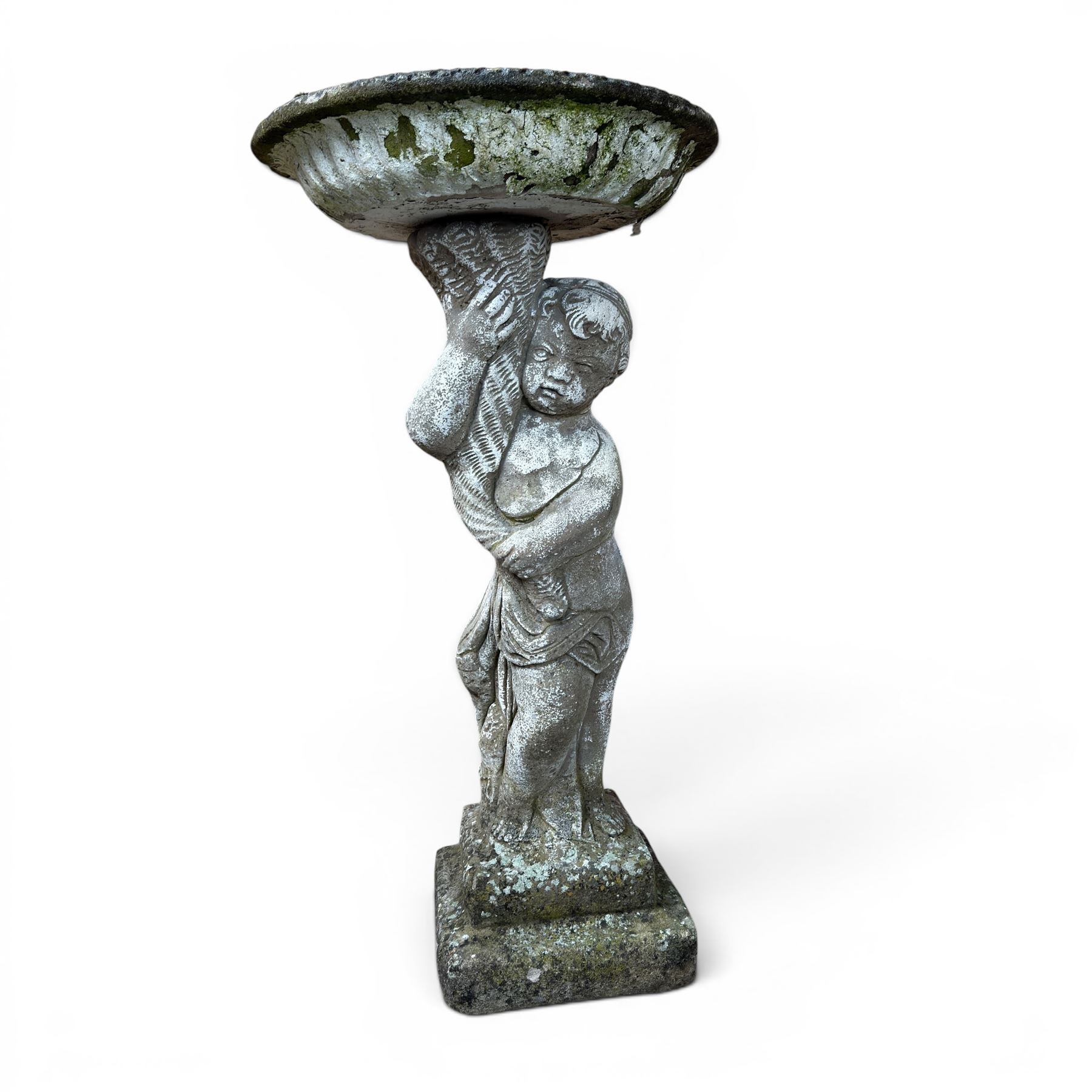 Collection of cast stone garden ornaments - three figure bird baths, figure on plinth, seated lion, lion, boy figure, and stone trough (9)
