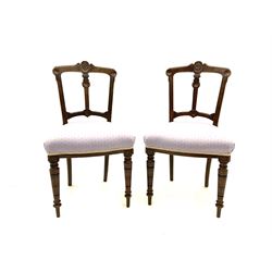 Pair Victorian walnut bedroom side chairs, light blue overstuffed seats