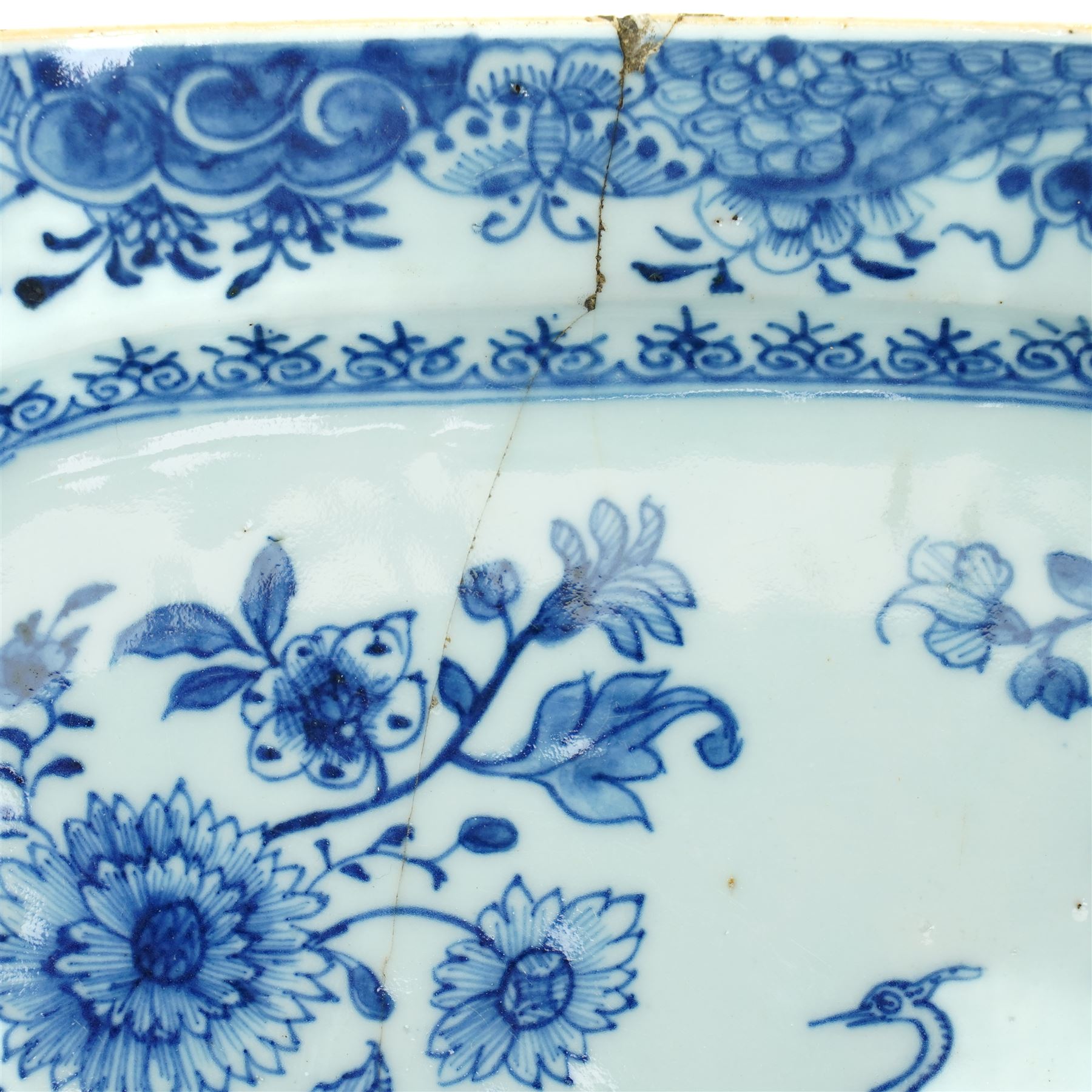 Two 18th century Chinese blue and white platters, painted with traditional landscapes, D31cm 