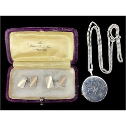 Silver circular locket pendant necklace and a pair of silver-gilt cufflinks, both hallmarked, together with a small velvet jewellery box