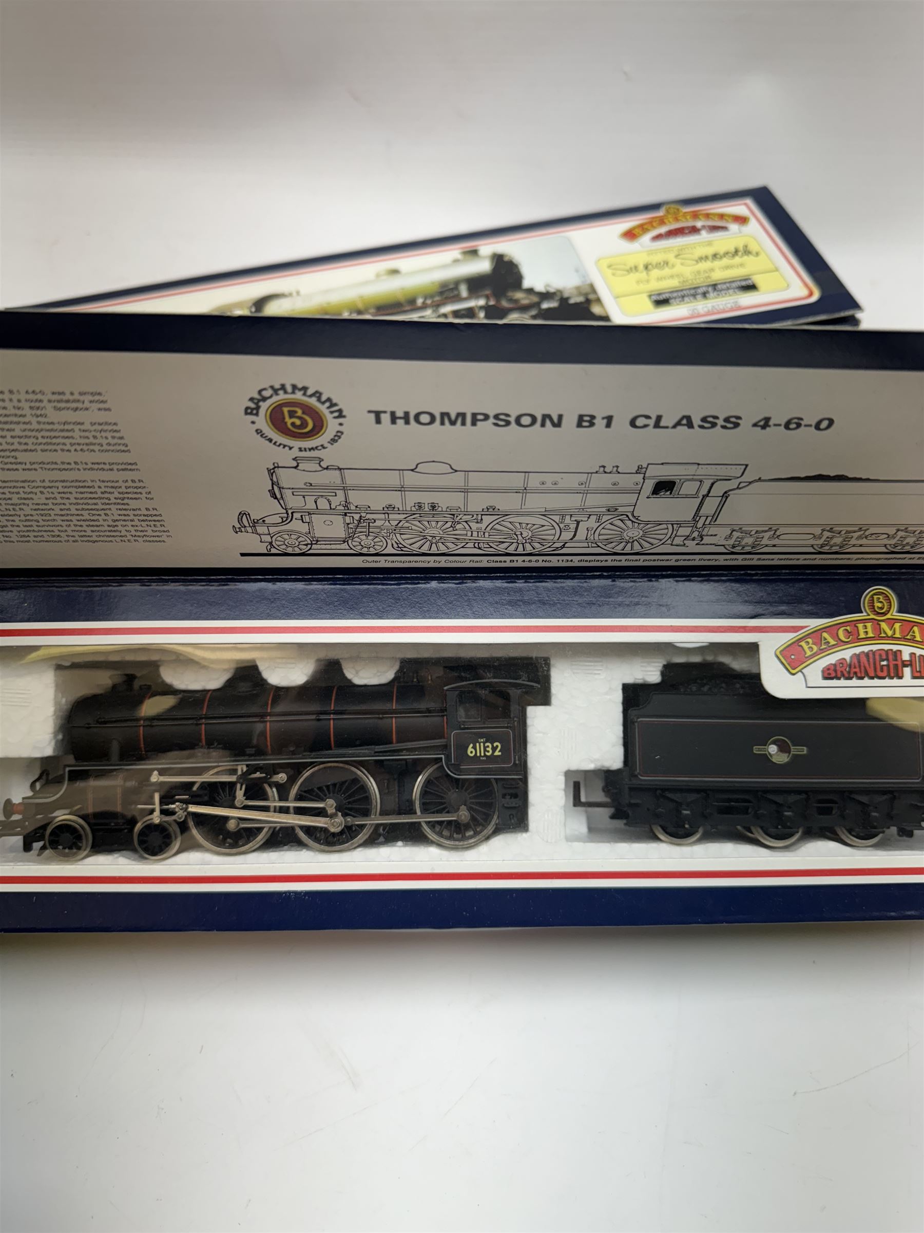 Four Bachmann Branch Line ‘00’ gauge locomotives, comprising three Thompson B1 Class 4-6-0 examples, 31701A no. 61399 in BR lined black livery with late emblem, 31702 no. 61354 in BR black livery, 31702A no. 61132 in BR lined black livery with late crest and a BR Standard Class 4 4-6-0 Double Chimney no. 75023 in green livery, all boxed 