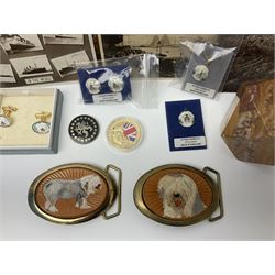 Studio Danielle Old English Sheepdog jewellery including two pairs of cufflinks, necklace and pin, together with similar belt buckle, hardstone tetradecahedron paperweight, postcards and an Imperial War Museum Falklands Conflict coin
