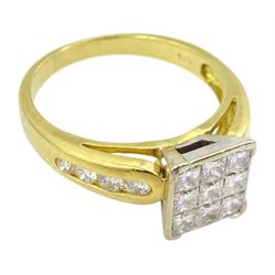 18ct princess cut diamond cluster ring, with round brilliant cut diamond shoulders, stamped 18KT, total diamond weight 1.00 carat