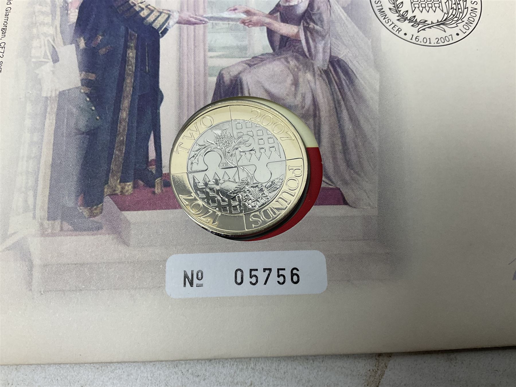 Seven The Royal Mint Royal Mail two pound coin covers, including 1999 'Rugby World Cup', 2003 'DNA Discoveries', 2004 'Classic Locomotives', 2007 '300th Anniversary of the Act of Union' etc