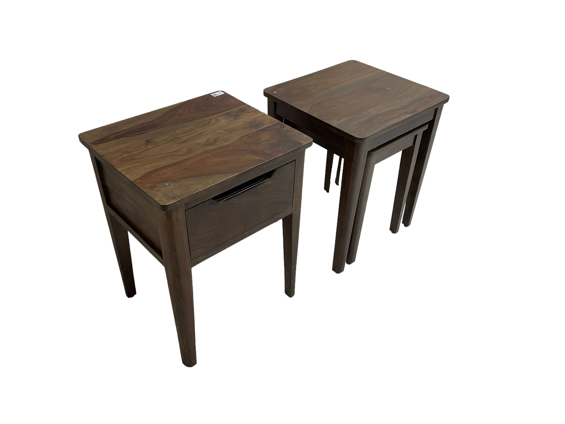 Hardwood side table, fitted with single drawer (W45cm D40cm H60); and matching nest of two tables (W46cm D43cm H55cm)