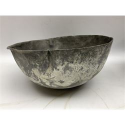 19th century pole lathe turned sycamore bowl, the interior housing lead liner, the exterior decorated with bands of deep grooves, D28cm