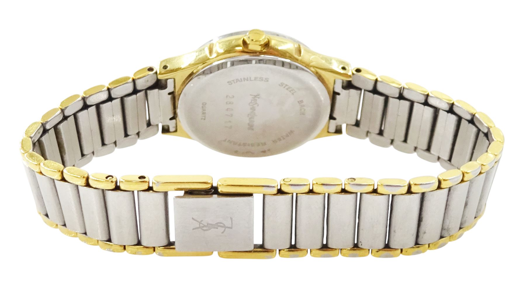 Two Yves Saint Laurent ladies stainless steel quartz wristwatches including 'Moon Phase' with gold plated bracelet, no. 284717, the other with heart shaped face and bracelet links, no. 7N0336