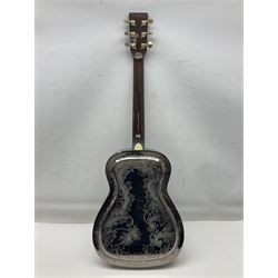 Ozark metal cased resonator guitar with all over chased foliate decoration to the polished finish and mother-of-pearl inlay to the fretboard L100cm; in Stagg hard carrying case