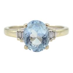 18ct white gold oval aquamarine ring, with baguette diamond shoulders, hallmarked
