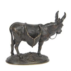 After Auguste Nicolas Cain (French 1821-1894): 'Ane D'Afrique', bronze figure of an African Wild Donkey carrying panniers, upon naturalistically modelled oval base, signed, H14.5cm