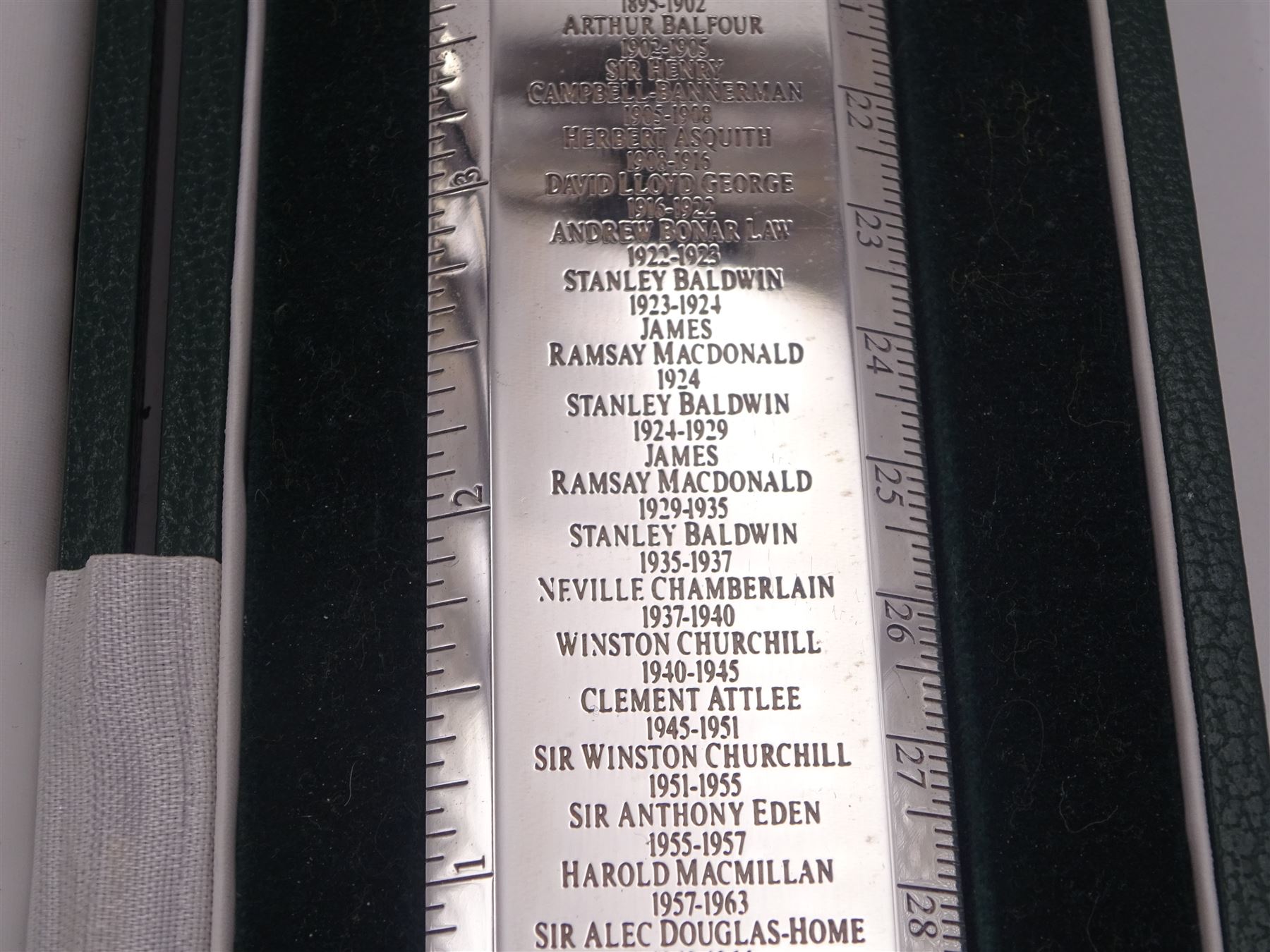 Modern silver 'Premier Rule' ruler, by Richard Jarvis of Pall Mall, engraved with the names and dates of British Prime Ministers from 1721 to 1997,  hallmarked Richard Jarvis, London 2003, L33.5cm, within silk and velvet lined fitted case
