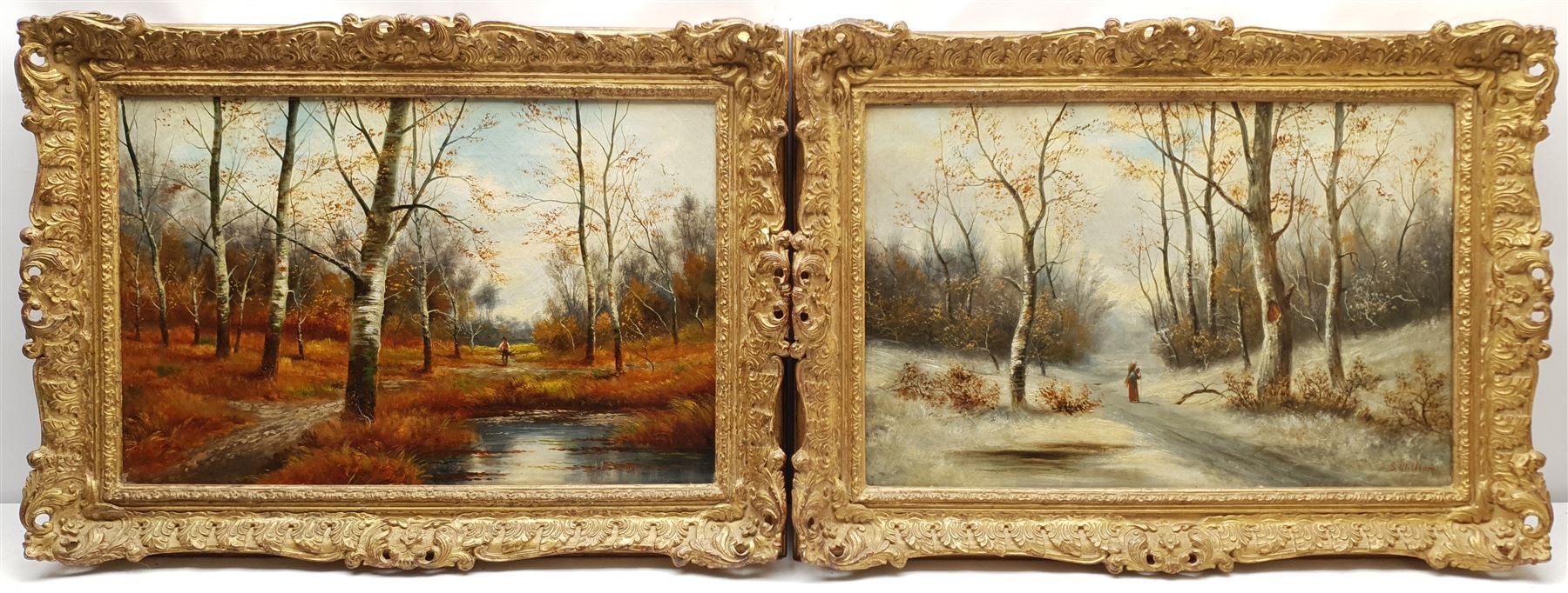S William (British 19th century): Summer & Winter Woodland Scenes, Figures Gathering Firewood, pair oils on canvas signed 39cm x 59cm (2)  