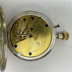 Early 20th century English lever deck watch c 1915-20 in a silver case with a 45mm enamel dial, Roman numerals, second/minutes track, steel spade hands and centre sweep seconds hand, three-quarter plate keyless movement with a jewelled balance cock and polished steel regulator, compensation balance with timing screws and steel overcoil balance spring, screwed cup jewelling and jewelled escapement pivots, dial and movement inscribed Alexander & Son, Coventry, No 91165.  Crown wound and pin set. Secured within a brass screwed mount and bezel (watch crystal and bow missing) in a rectangular mahogany box with a hinged velvet lined lid, with a circular unmarked bone plaque.