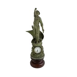 Edwardian - Large figural clock with a Verdigris finish mounted on a mahogany plinth, detailed depiction of a fisherman in a sailing boat entitled 