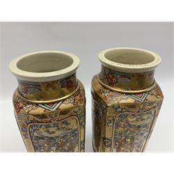 Pair of Japanese Satsuma vases decorated with four panels of figures in a landscape setting between patterned borders, character marks to the base, together with another pair of Satsuma vases and well bucket, largest vase H47cm