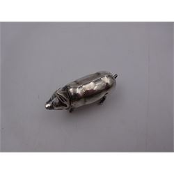 Modern silver novelty vesta case, modelled as a pig with hinged head, base strike and curled tail, hallmarked, L5cm