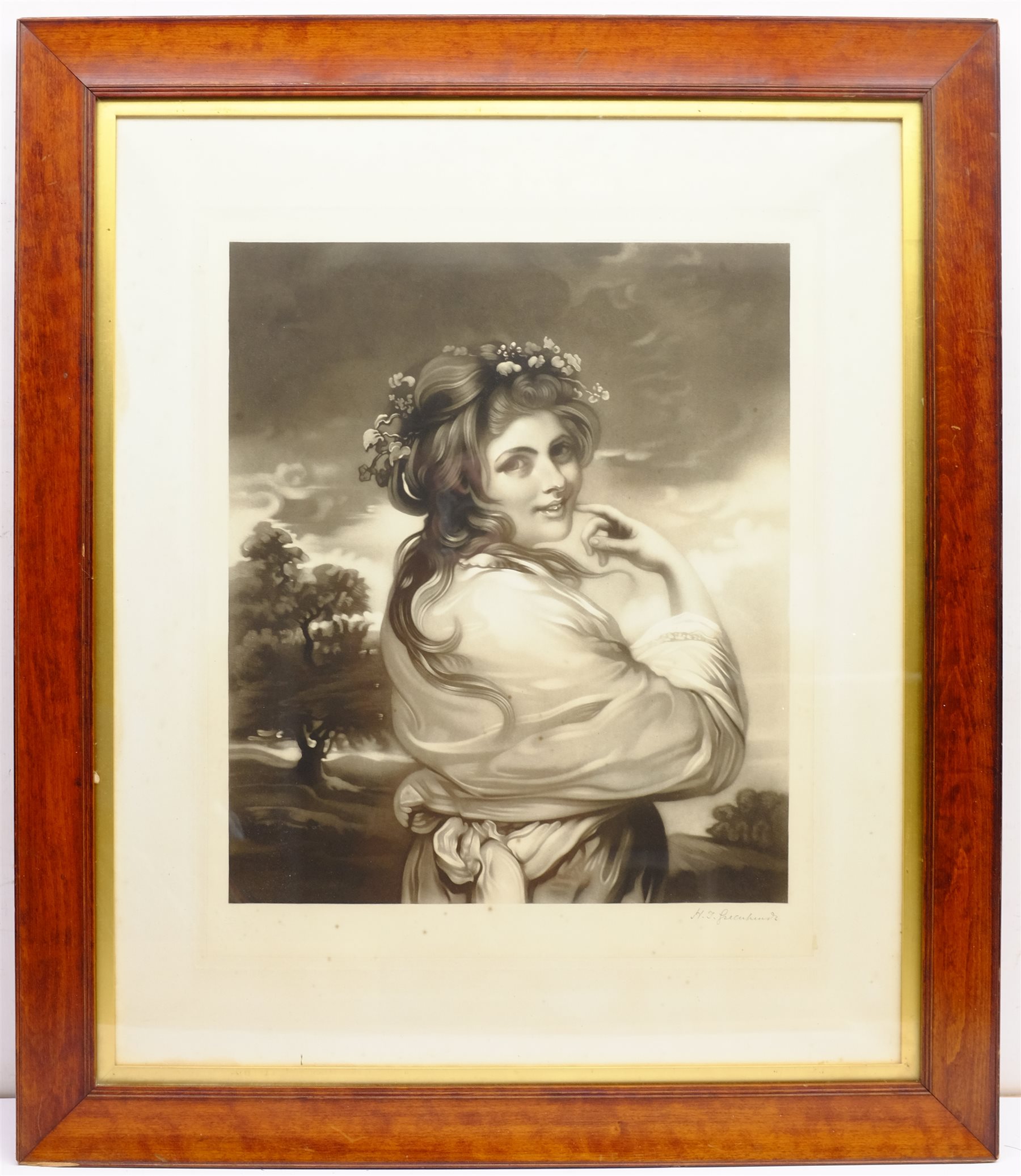 After Thomas Gainsborough (British 1727-1788): Portrait of Mrs Watson, engraving, together with four further 19th century portrait engravings, a Pears print and a further print, max 56cm x 48cm (7)