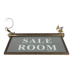 Early 20th century brass ceiling hanging illuminated sign 'sale room', H27cm, L48cm