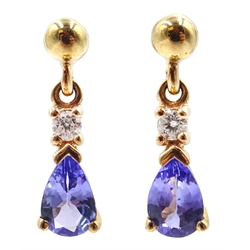  Pair of 9ct gold tanzanite and diamond pendant earrings, hallmarked  