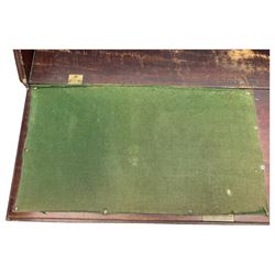 George III mahogany bureau, the conch inlaid fall front enclosing pigeon holes, shelves and central cupboard with inlaid flower motif, four graduating cock-beaded drawers below each with brass handles, lower moulded edge over shaped bracket feet