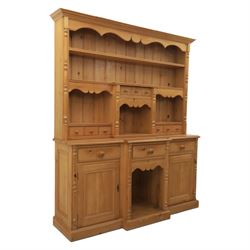 20th century country style waxed pine housekeeper’s cupboard, upper section with moulded c...