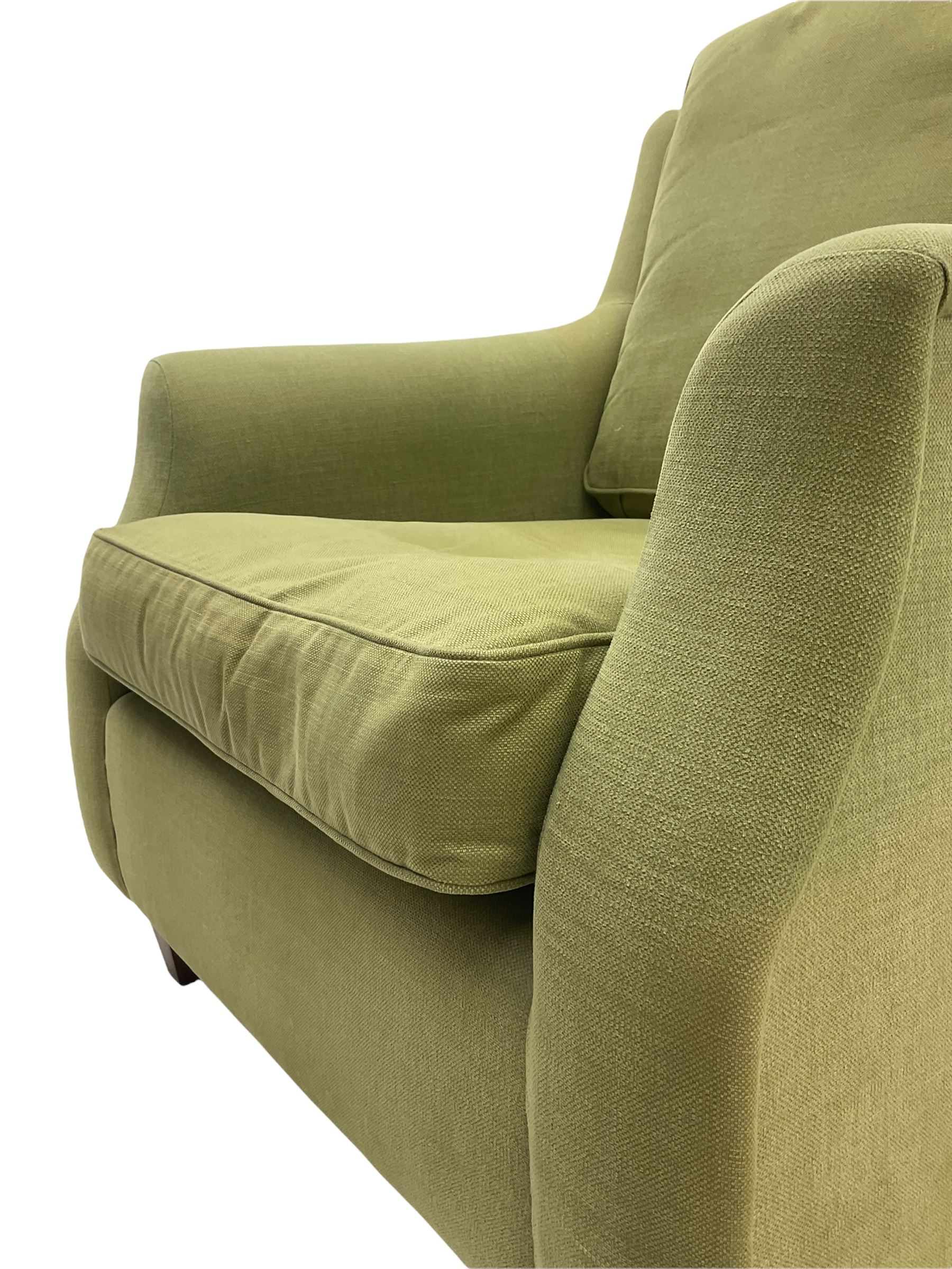Wesley-Barrell two seat sofa and pair of matching armchairs, upholstered in sage linen fabric