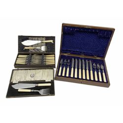 Silver plated fish knives and forks in hardwood case with brass inlay along with another cased set of fish cutlery and a further boxed cutlery set