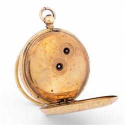 19th / early 20th century 18ct gold open face key wound cylinder pocket watch by Mathey, Genève, white enamel dial with Roman numeral hour markers, engraved foliate case with empty cartouche, stamped K18