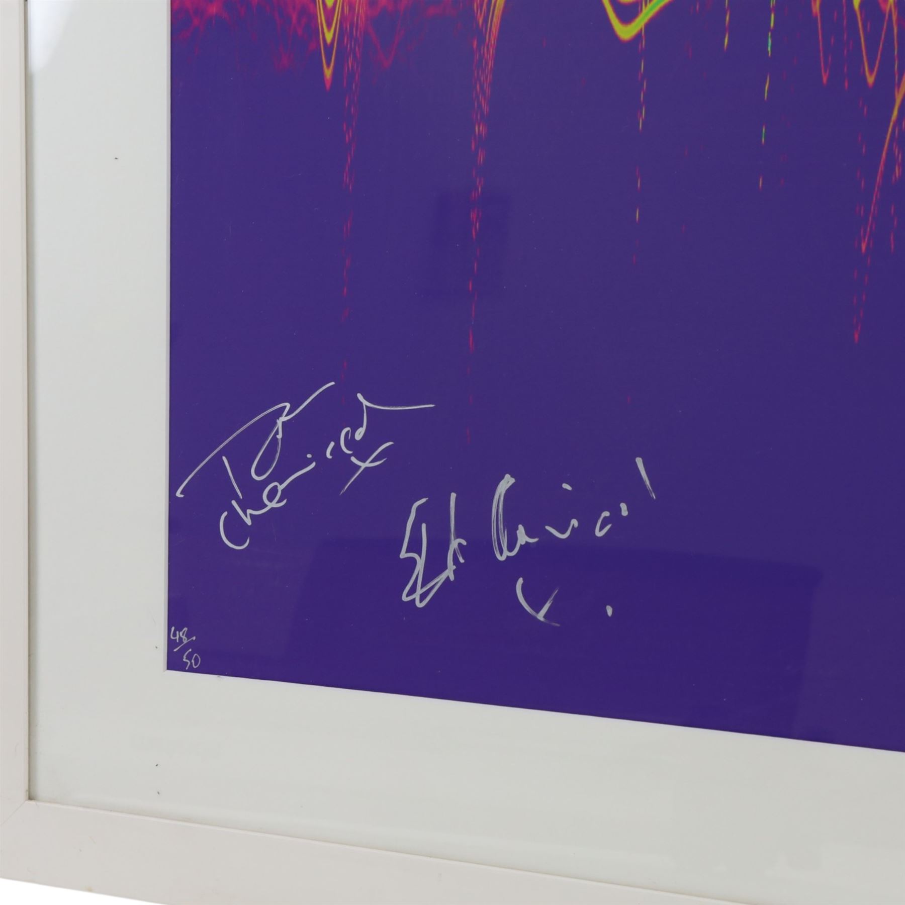 Limited edition Soundwaves Artwork print created from the audio of The Chemical Brothers song 'Galvanize', signed by Tom and Ed Chemical at the band's recording studio in London 2009, within white wooden frame, frame H88cm