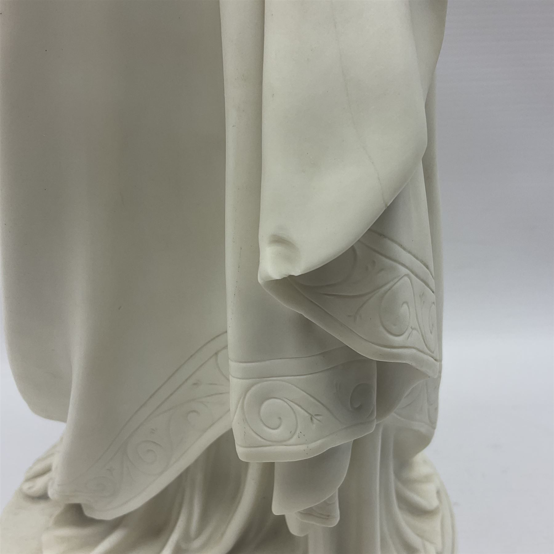 19th century Copeland Parian Ware figure, after R Monti, modelled as Lady Godiva, upon a circular titled plinth, signed and dated verso R Monti 1870, impressed to base Copyright Reserved Copeland, overall H22cm