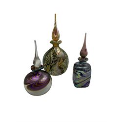 Okra scent bottle Gold Tranquility, together with two others, decorated with iridescent threads of purple threads, largest H21cm, from Richard P Golding Studio 