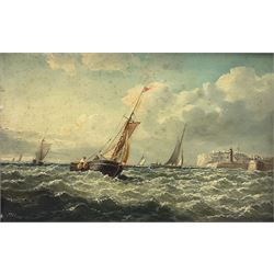 J Wilson (British 19th century): Fishing Boats off the Coast, oil on mahogany panel signed 19cm x 29cm