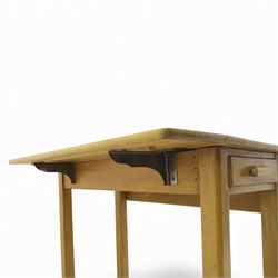 Late 20th century pine kitchen table and two stools, the rectangular drop-leaf table with straight legs, together with two square-topped stools 