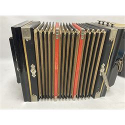 Three European concertinas, comprising Viceroy German concertina with 21 keys, hexagon wooden frame and 8 fold bellows
Oak framed concertina with 12 keys and 8 fold bellows
Commander concertina with 12 keys and 12 fold bellows
With tutor