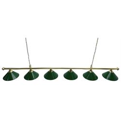 Brass snooker or pool table suspended ceiling light, tubular bar frame fitted with six green finish metal conical shades