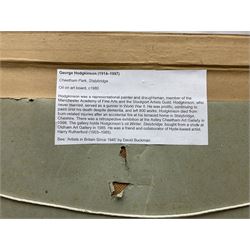 George Hodgkinson (British 1914-1997): 'Cheetham Park Stalybridge', oil on board signed 37cm x 48cm
Notes: Hodgkinson was a representational artist and draughtsman, member of the Manchester Academy of Fine Arts and Stockport Artists Guild. A prolific artist continuing to paint until his death, despite dementia, he left 800 works. There was a retrospective exhibition at the Astley Cheetham Art Gallery in 1998