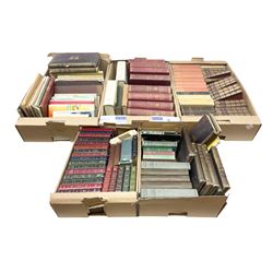 Collection of books, to include eight volumes of The Harmsworth Encyclopaedia, Dicken novels, readers digest books etc in five boxes