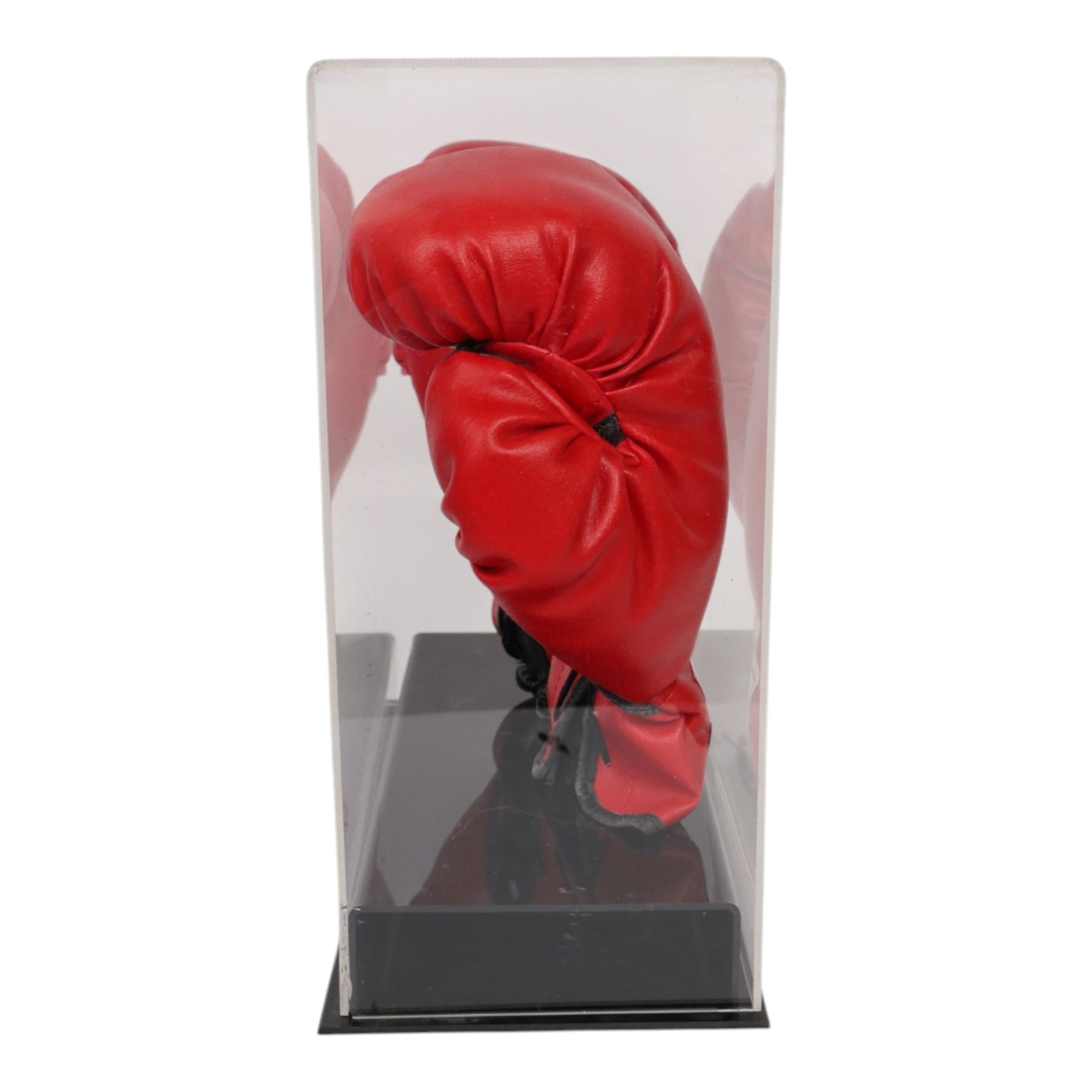 Muhammad Ali and George Foreman signed boxing gloves, two Everlast gloves the left hand glove signed by Ali and right signed by Foreman, both in black marker pen, in Perspex display case with plaque to base displayed with a further unsigned glove, each with Mounted Memories holographic stickers, case H36cm