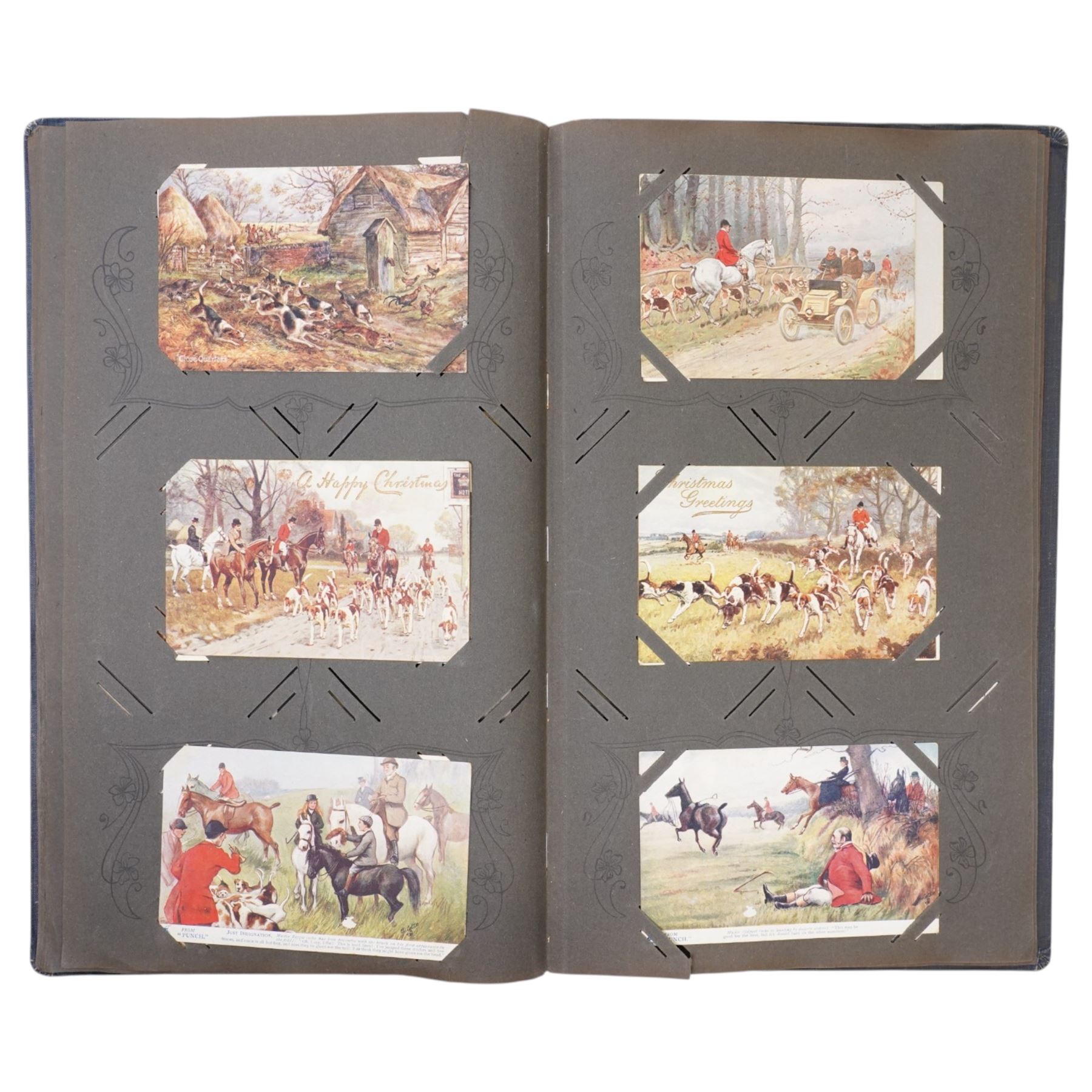Early 20th century postcard album, belonging to Jockey John Edward (Jack) Leach, born Nov. 1901, with hand coloured pages including twenty two coloured cards from the Jockey Series, silhouette card signed F Winter, other jockey and racing cards, fox hunting, seven Racing Pigeon cards etc (141)