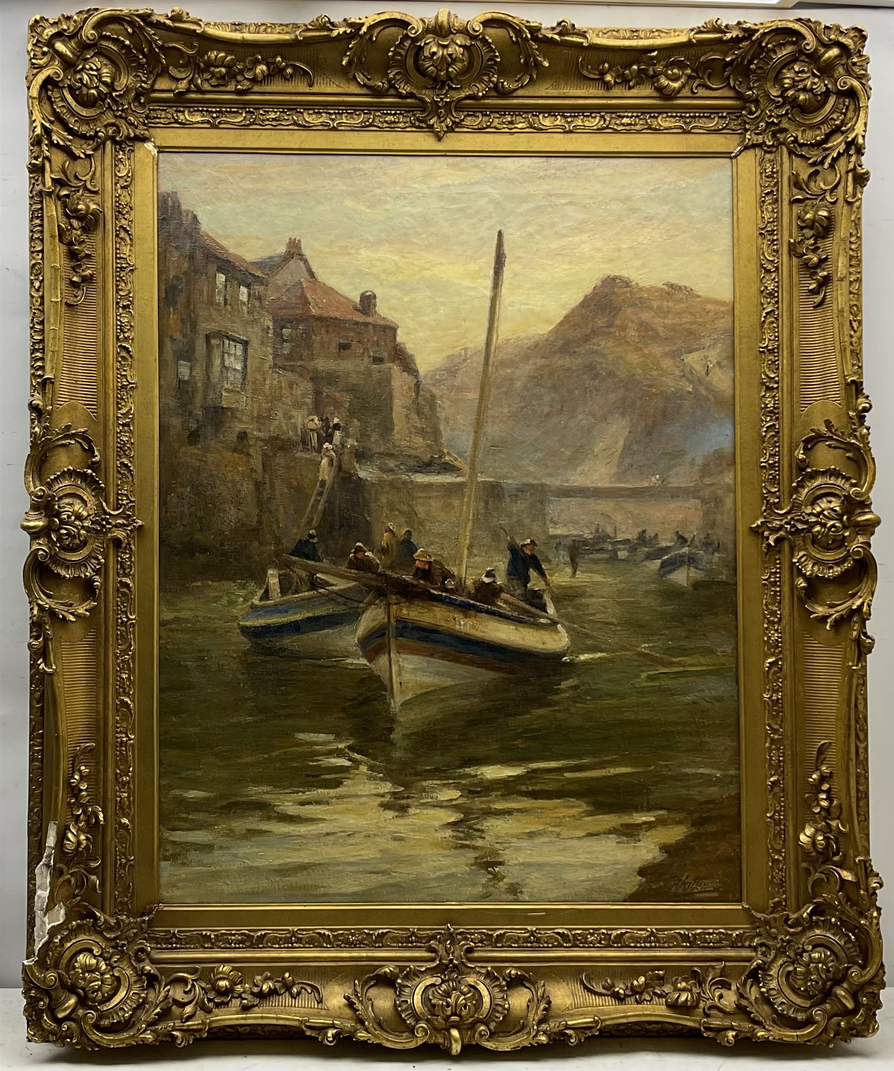 Robert Jobling (Staithes Group 1841-1923): 'Going Out on the Tide - The Beck Staithes', oil on canvas signed, titled on canvas with artist's address verso, also with Laing Art Gallery Newcastle exhibition labels 90cm x 70cm 
